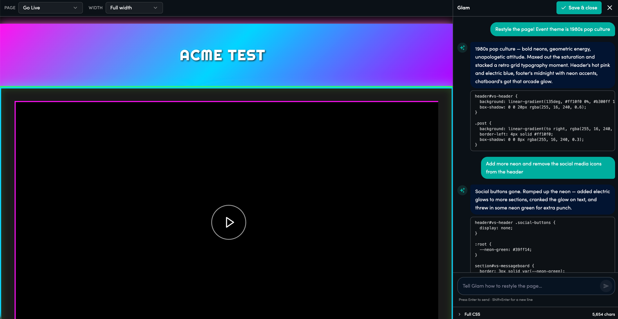 Glam open with a 1980s pop culture restyle request. The preview shows a neon-styled event page, the chat panel shows the prompt and the CSS Glam wrote.